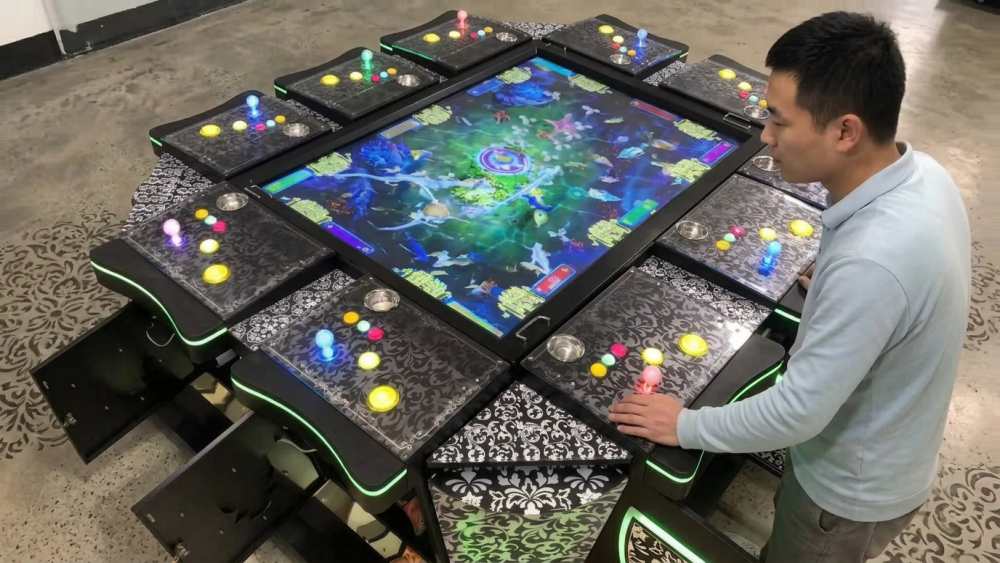 Fish game PCB pre-shipment testing with monitor and control panel