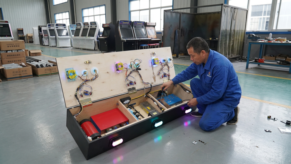 Technician checking the PCB software configuration and payment wiring of a fish game machine