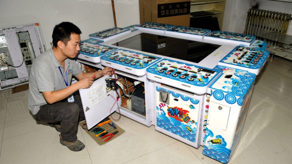 Technician testing a fish game PCB kit with I/O boards and wiring harnesses