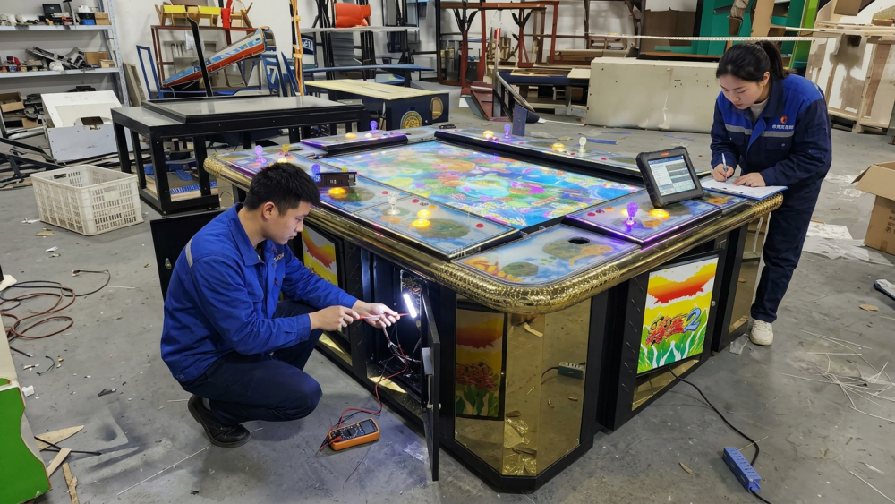 Technician checking fish game PCB wiring and power supply