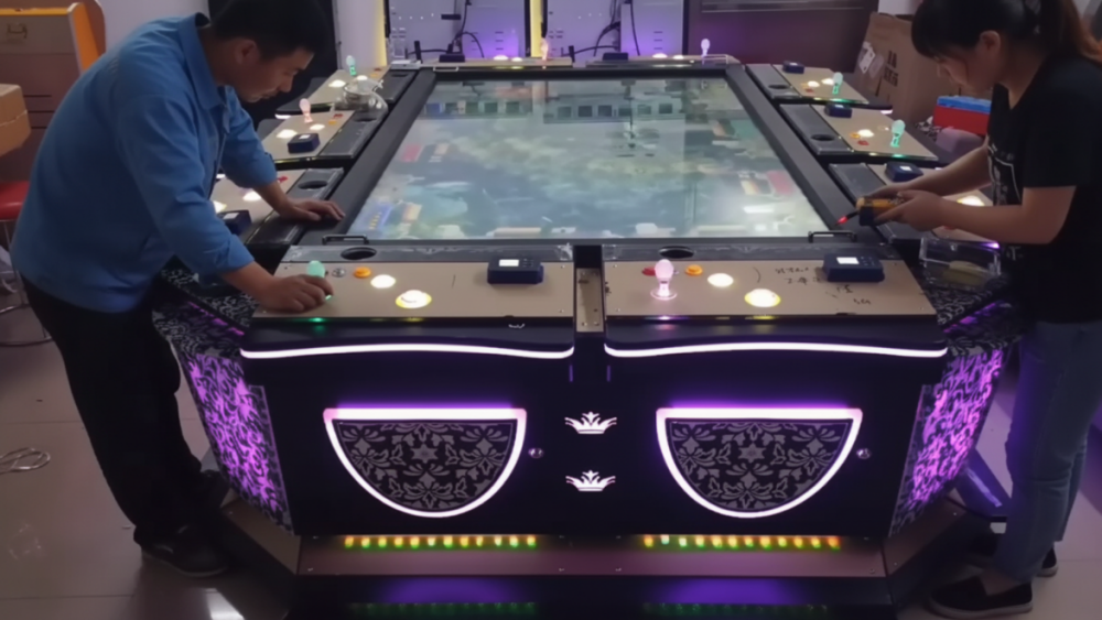 Technician checking player count, controls, wiring, and software settings on a fish game machine