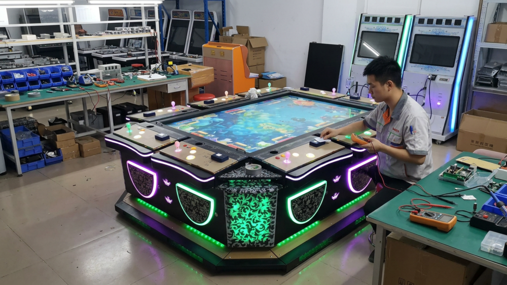 Technicians testing the payment interface on an eight-player fish game table