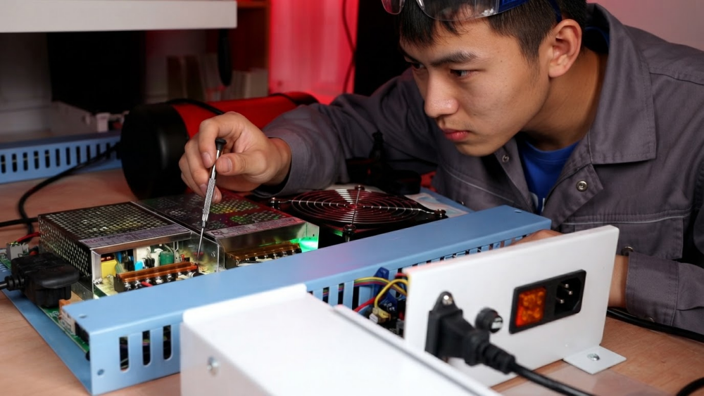 Technician checking the PCB wiring and payment connections inside a fish table