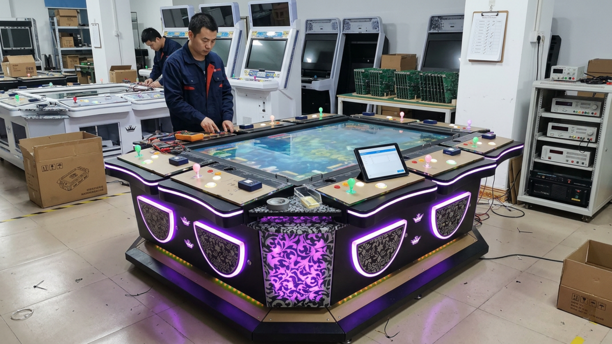 Technicians testing a cashless payment system on a commercial fishing arcade machine