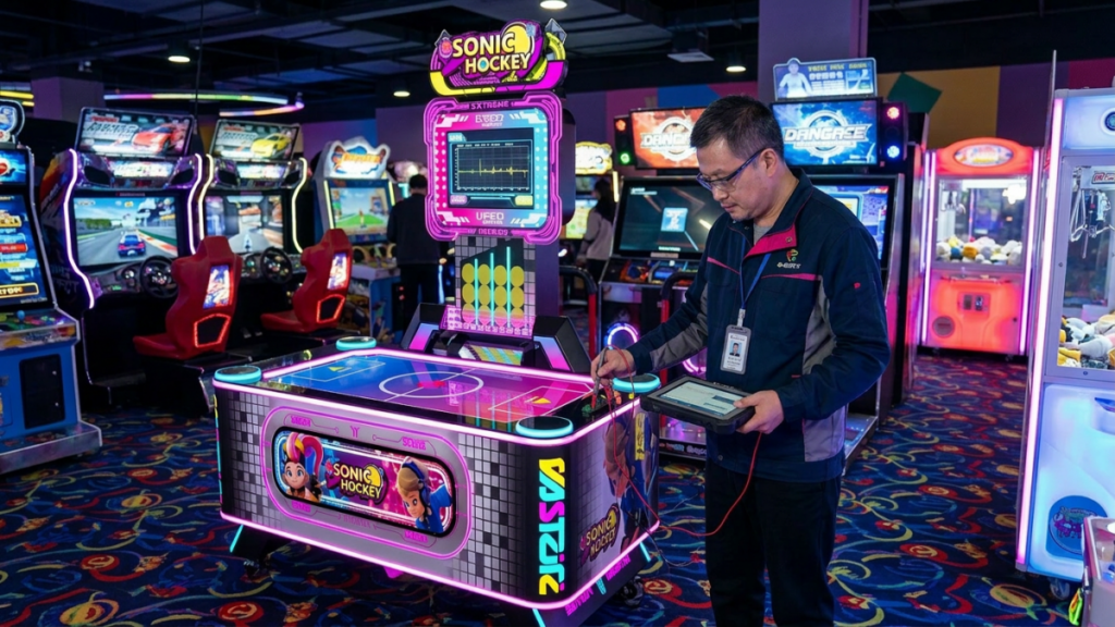 Flying Ball Kids machine inspected in a commercial game room with ball play area, scoring display, and payment system