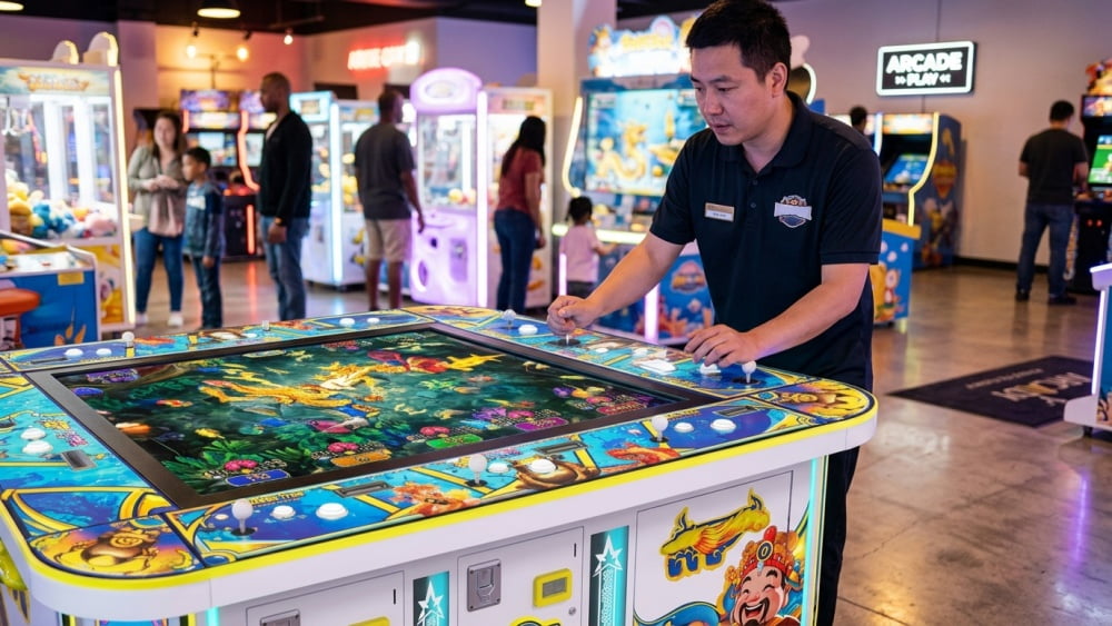 Technicians testing arcade controls and payment systems before opening a game room