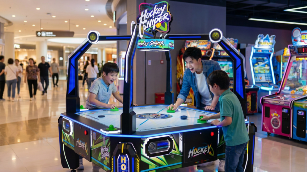 Commercial Ice Hockey Sniper arcade machine inspected in a game room with scoring display and payment area