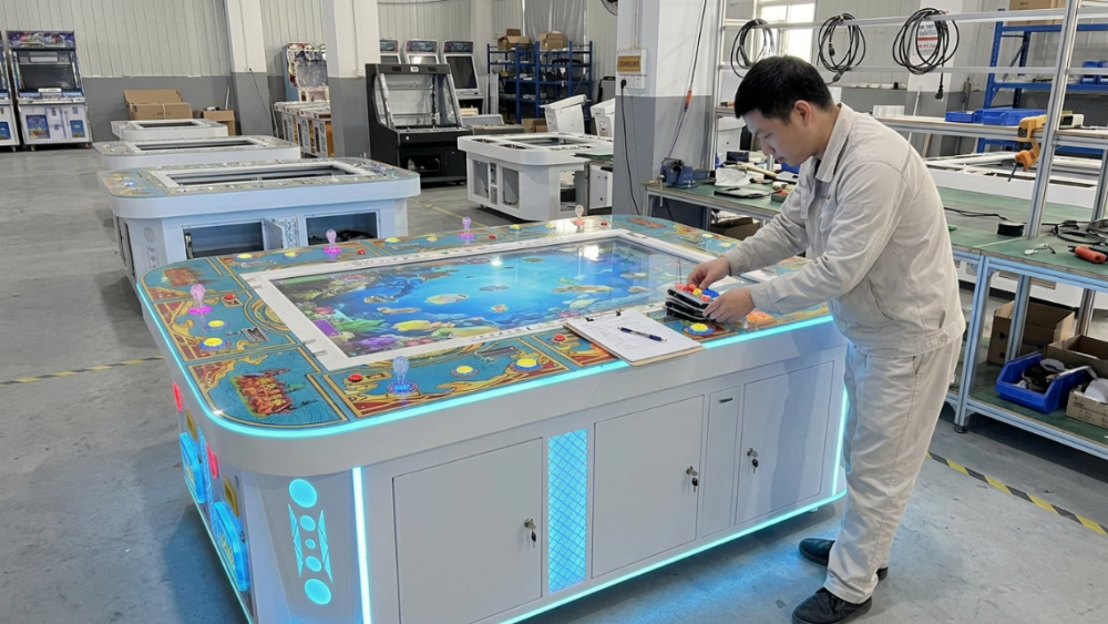Factory technicians testing every player position and payment system on a fish game machine