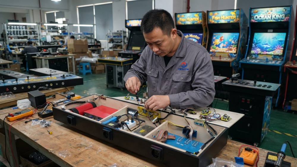 Technicians testing player positions and wiring on an 8-player fish game machine