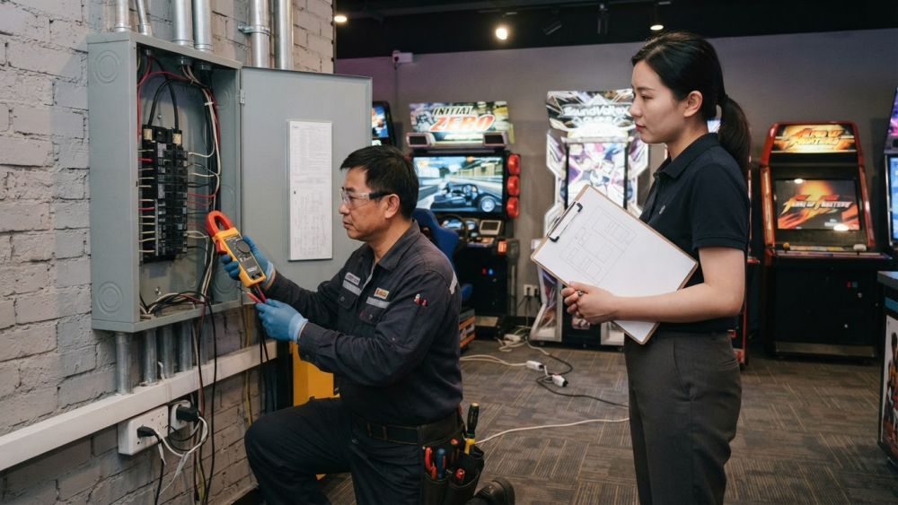 Electrician checking circuit capacity for multiple arcade machines