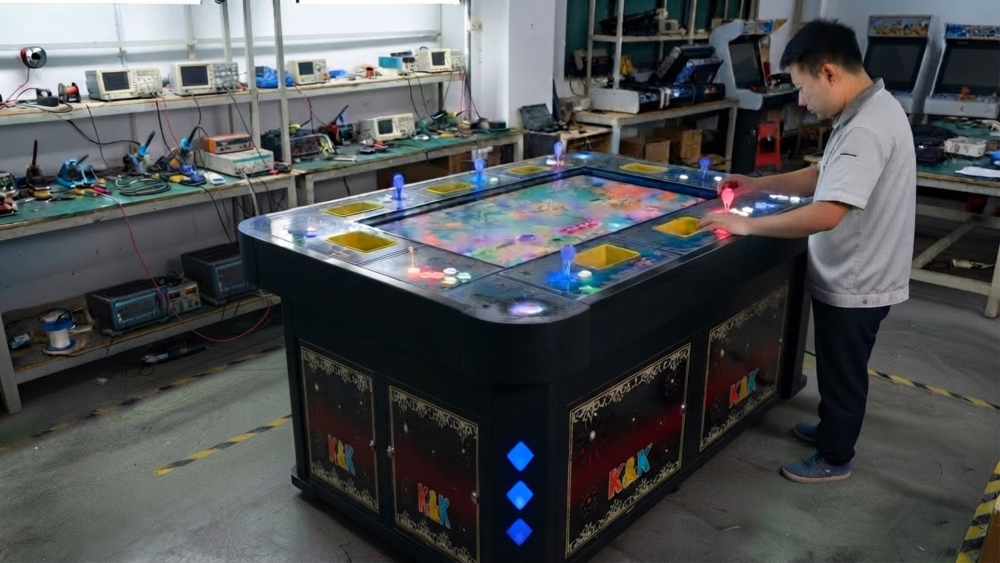 Technician testing the running power of a multiplayer fish game machine