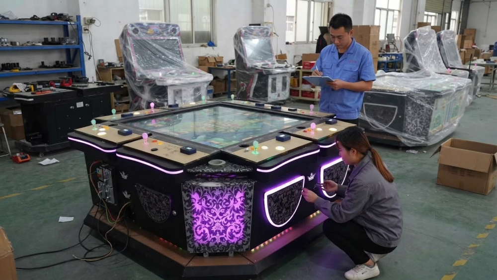 Venue space planned around a multiplayer fish game machine and player positions