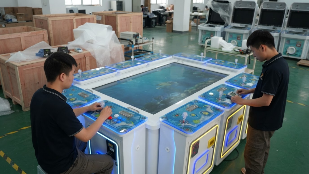 Technicians testing player controls and payment input on a fish game machine