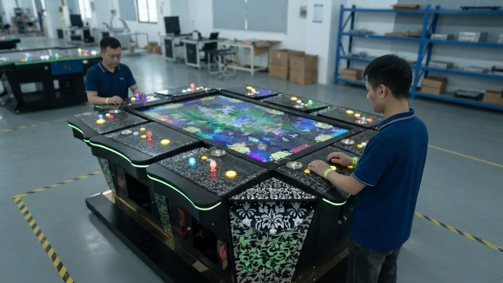 Technician testing updated OEM arcade machine before repeat batch production