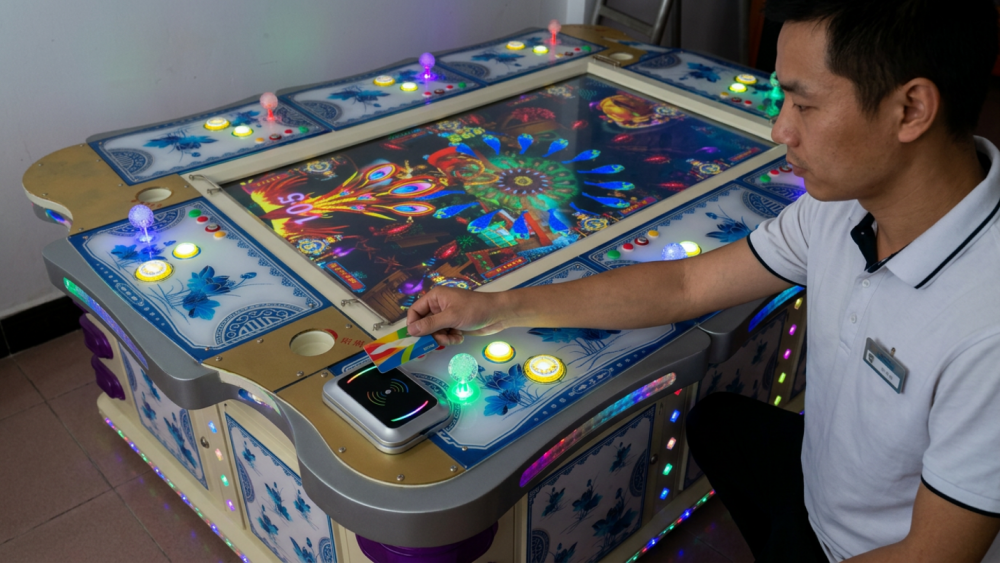Technician testing card payment system on a fish game machine
