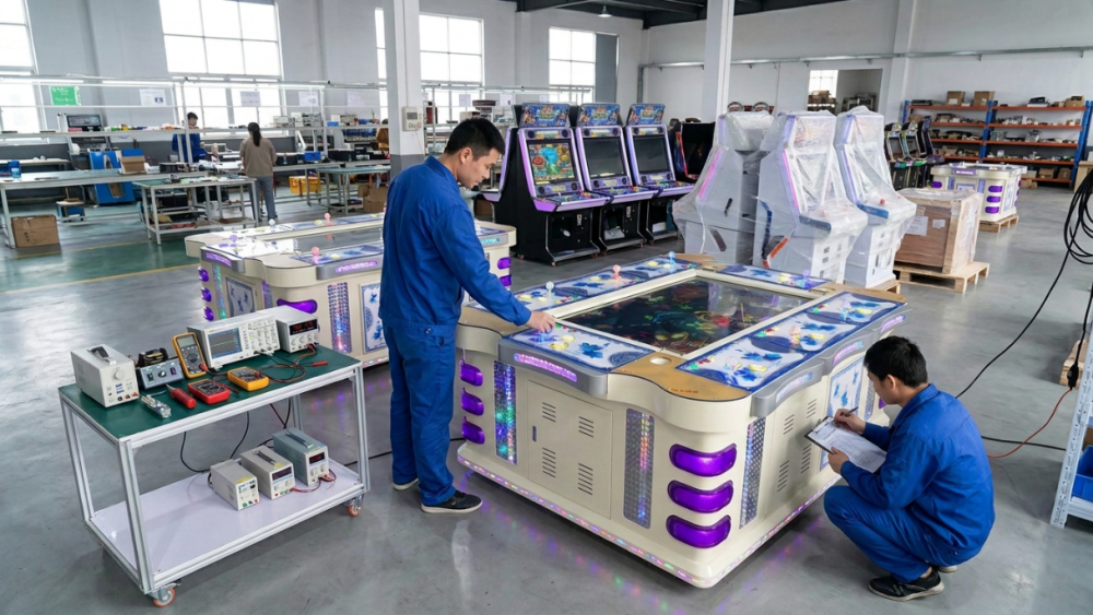Factory testing commercial arcade machines before overseas shipment