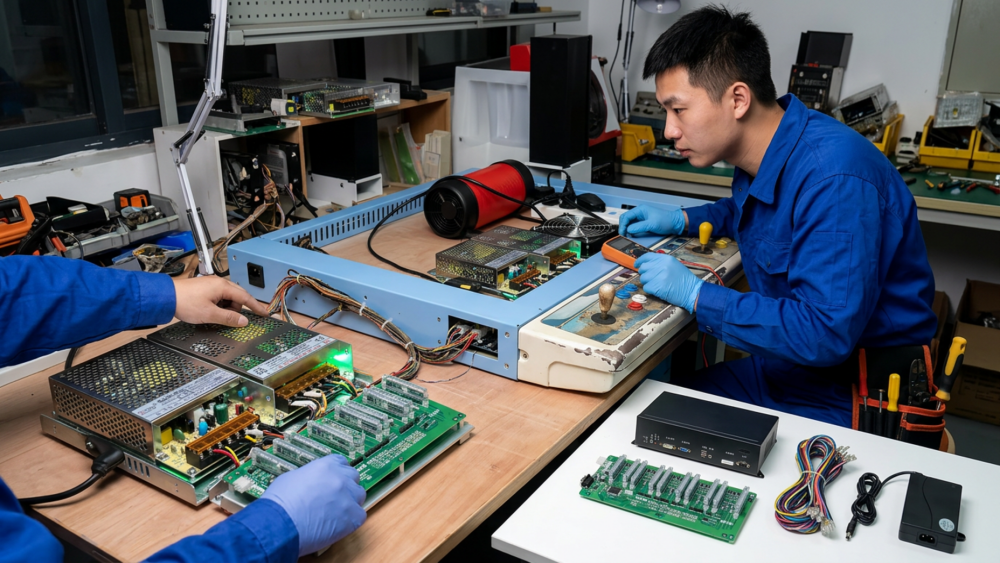 Technician checking reusable parts during a fish game machine refurbishment