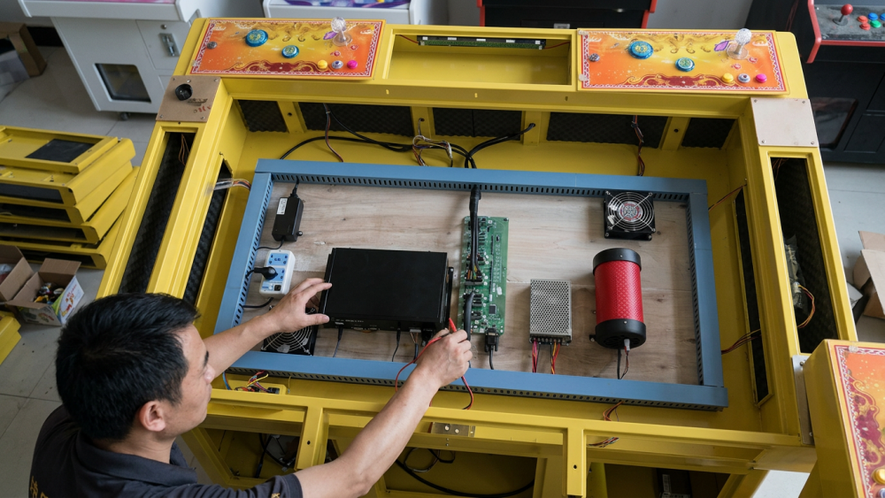 Technician checking PCB I/O wiring and connectors inside an old fish game machine