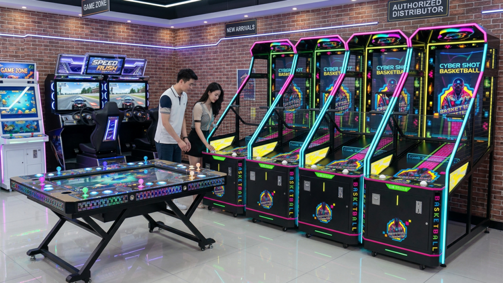 different types of coin operated arcade machines including fish game and basketball machines