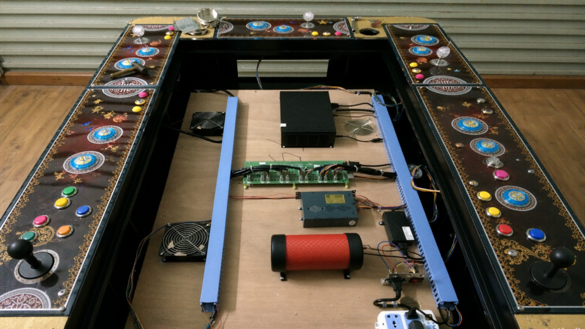 Technician inspecting the PCB and wiring inside a multiplayer fish game cabinet