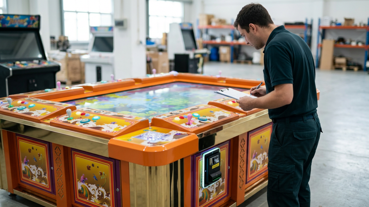 Staff member checking a payment device and player screen on a fish game machine