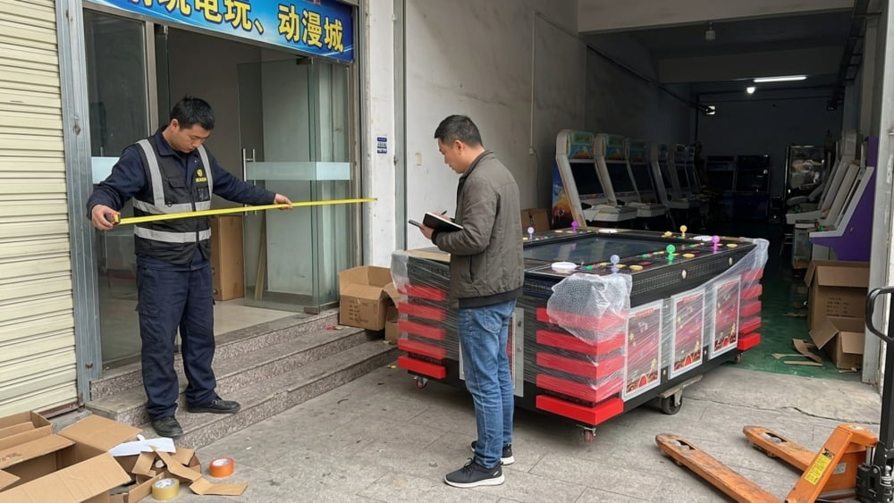 Technician measuring a doorway before moving a commercial fish table into an arcade