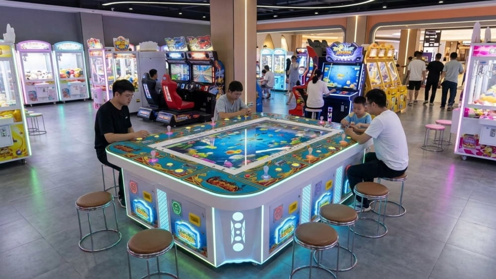 Top view of a commercial fish table with player seating and surrounding floor space